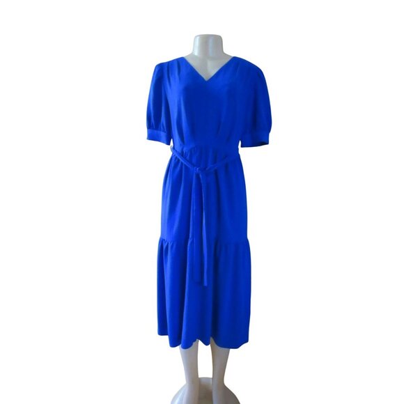NWT, DKNY Blue Short Sleeve Tiered Midi Dress Size 4 With Belt - Picture 2 of 8